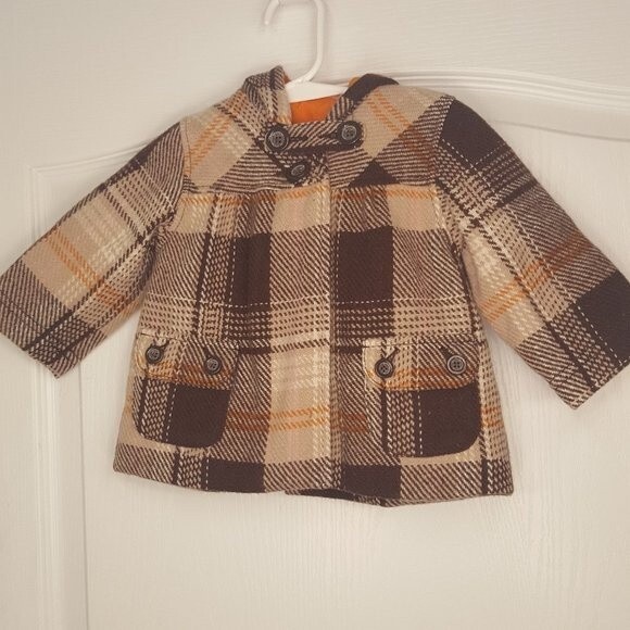 ELLE Brown Plaid Winter Coat Hood Vintage Style Retro - Picture 1 of 8
